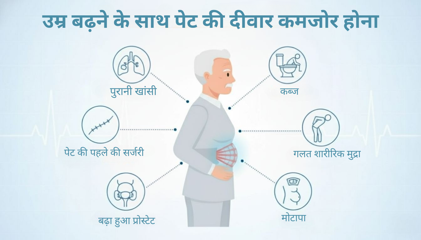 Causes of weak abdominal wall with age Hindi.